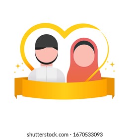Wedding invitation vector illustration. Islamic muslim avatar man and woman in love. Beautiful ribbon wedding.