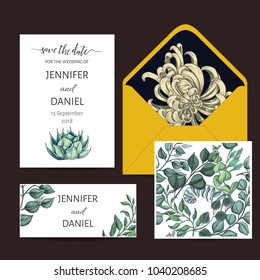 Wedding invitation with vector illustration of leaves and branches.