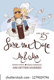 Wedding invitation. Vector illustration, postcard -- just married on a motorcycle