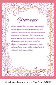 Wedding invitation with vector linear chrysanthemums on dark pink background