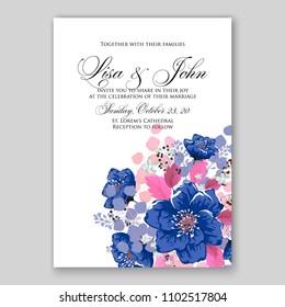 Wedding Invitation vector printable template card blue Floral Bridal Wreath   Anemone rose peony poppy flowers