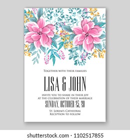 Wedding Invitation vector printable template card Floral Bridal Wreath pink  Anemone rose peony poppy flowers