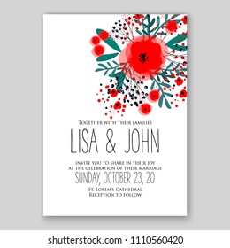 Wedding Invitation vector printable template card Floral Bridal Wreath   Anemone rose peony poppy flowers