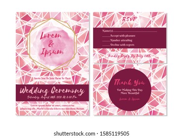 Wedding Invitation Vector Set with Watercolor Background. Vintage style invitation card with RSVP and Thank You.