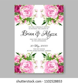 Wedding invitation vector template card Beautiful soft pink peony ranunculus background flowers bouquet for birthday card bridal shower baby shower invites congratulations and celebrations party