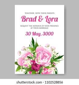 Wedding invitation vector template card Beautiful soft pink peony ranunculus background flowers bouquet for birthday card bridal shower baby shower invites congratulations and celebrations party