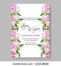 Wedding invitation vector template card Beautiful soft pink peony ranunculus background flowers bouquet for birthday card bridal shower baby shower invites congratulations and celebrations party