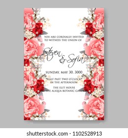 Wedding invitation vector template card Beautiful soft pink red peony vintage background flowers bouquet for birthday card bridal shower baby shower invites congratulations and celebrations party