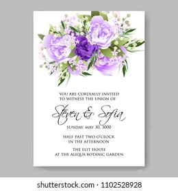 Wedding invitation vector template card Beautiful soft ultraviolet purple peony vintage background flowers bouquet for birthday card bridal shower baby shower invites congratulation celebrations party