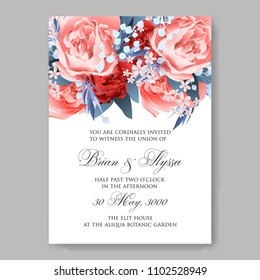 Wedding invitation vector template card Beautiful soft scarlet red peony vintage background flowers bouquet for birthday card bridal shower baby shower invites congratulations and celebrations party