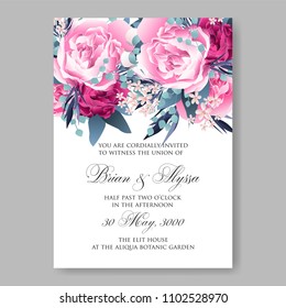 Wedding invitation vector template card Beautiful soft magenta peony vintage background flowers bouquet for birthday card bridal shower baby shower invites congratulations and celebrations party