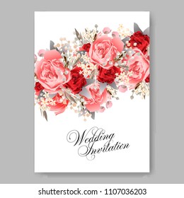 Wedding invitation vector template card Beautiful soft scarlet red peony vintage background flowers bouquet for birthday card bridal shower baby shower invites congratulations and celebrations party