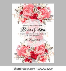 Wedding invitation vector template card Beautiful soft scarlet red peony vintage background flowers bouquet for birthday card bridal shower baby shower invites congratulations and celebrations party