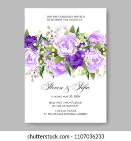 Wedding invitation vector template card Beautiful soft purple peony vintage background flowers bouquet for birthday card bridal shower baby shower invites congratulations and celebrations party