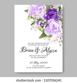 Wedding invitation vector template card Beautiful soft purple peony vintage background flowers bouquet for birthday card bridal shower baby shower invites congratulations and celebrations party