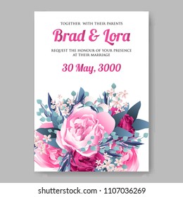 Wedding invitation vector template card Beautiful soft red peony vintage background flowers bouquet for birthday card bridal shower baby shower invites congratulations and celebrations party