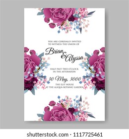 Wedding invitation vector template card Beautiful maroon dark red peony vintage background flowers bouquet for birthday card bridal shower baby shower invites congratulations and celebrations party