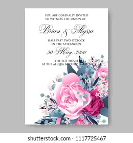 Wedding invitation vector template card Beautiful magenta peony vintage background flowers bouquet for birthday card bridal shower baby shower invites congratulations and celebrations party