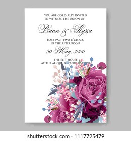Wedding invitation vector template card Beautiful maroon dark red peony vintage background flowers bouquet for birthday card bridal shower baby shower invites congratulations and celebrations party