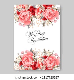 Wedding invitation vector template card Beautiful pink peony vintage background flowers bouquet for birthday card bridal shower baby shower invites congratulations and celebrations party