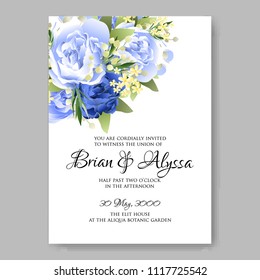 Wedding invitation vector template card Beautiful blue peony vintage background flowers bouquet for birthday card bridal shower baby shower invites congratulations and celebrations party