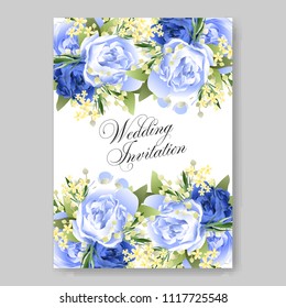 Wedding invitation vector template card Beautiful blue peony vintage background flowers bouquet for birthday card bridal shower baby shower invites congratulations and celebrations party