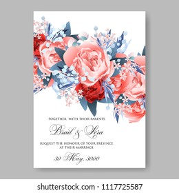 Wedding invitation vector template card Beautiful scarlet red peony vintage background flowers bouquet for birthday card bridal shower baby shower invites congratulations and celebrations party