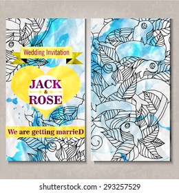 Wedding invitation vector template with detailed doodles. 