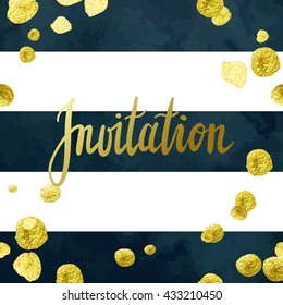  wedding invitation vector template with hand written calligraphy elements and glittering gold blots on deep blue and white striped background.