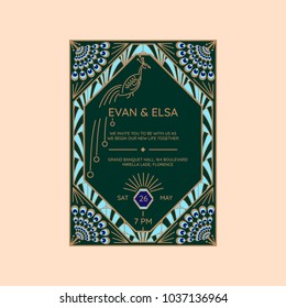 Wedding invitation vector template with peacock icon. Blue and green geometric art deco style card with abstract feathers.