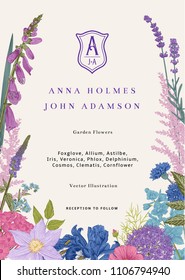 Wedding invitation. Vector vintage illustration. Pink, violet, blue, purple garden flowers