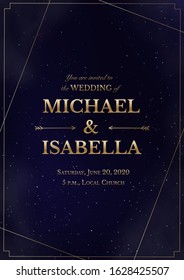 Wedding invitation vertical card on magic night dark blue sky with sparkling stars and nebula. Vector golden shiny glowing lettering in creative frame. Luxury elegant navy blue template