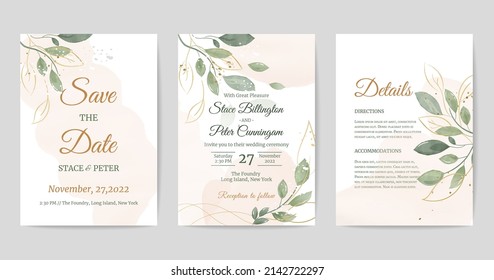 Wedding invitation vertical card set, save the date, details, watercolor in modern style. Sophisticated greenery decoration. Vintage botanical rustic nature graphic. Vector trendy romantic template.