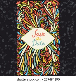 Wedding invitation vertical template  with doodle floral ornament. Vector color background