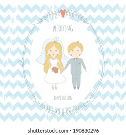 Wedding invitation with a very cute wedding couple on grunge background. EPS 10. No gradients. Transparency.