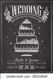 Wedding invitation vintage card. Wedding cake. Freehand drawing on the chalkboard