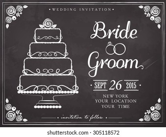 Wedding Invitation Vintage Card. Wedding Cake. Freehand Drawing On The Chalkboard