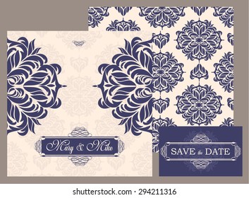 wedding invitation vintage card with floral and antique decorative elements. Vector illustration