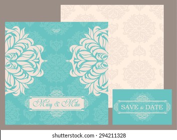 wedding invitation vintage card with floral and antique decorative elements. Vector illustration