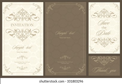 Wedding invitation vintage card with floral and antique decorative elements. Vector illustration