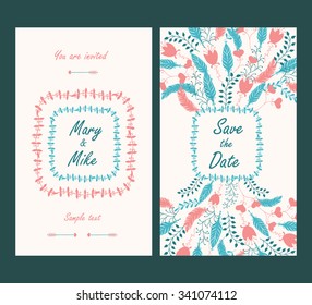 Wedding invitation vintage card with floral and antique decorative elements. Vector illustration
