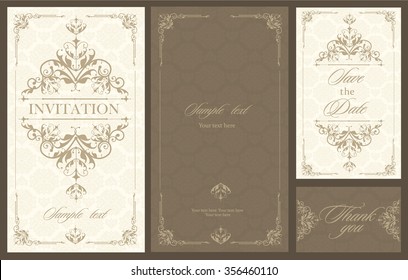 Wedding invitation vintage card with floral and antique decorative elements. Vector illustration