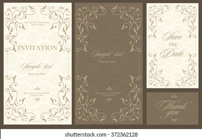 Wedding invitation vintage card with floral and antique decorative elements. Vector illustration