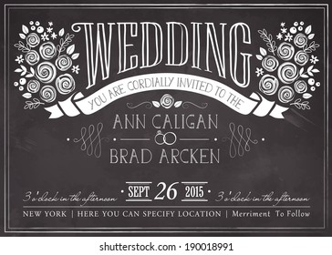 Wedding invitation vintage card. Freehand drawing on the chalkboard