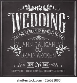 Wedding invitation vintage card. Freehand drawing on the chalkboard