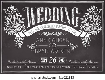 Wedding invitation vintage card. Freehand drawing on the chalkboard