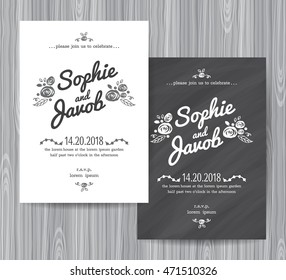 Wedding invitation vintage card, Wedding invitation card, Freehand drawing on the chalkboard, Wedding invitation set design template.