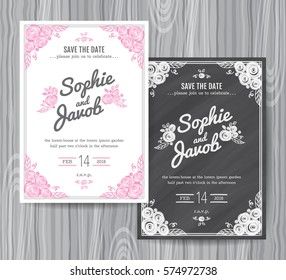 Wedding invitation vintage card, Freehand flower on the chalkboard, invitation set design template.