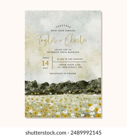 wedding invitation with vintage flower field watercolor