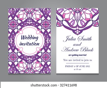 Wedding invitation in vintage ornamental style. Vector templates